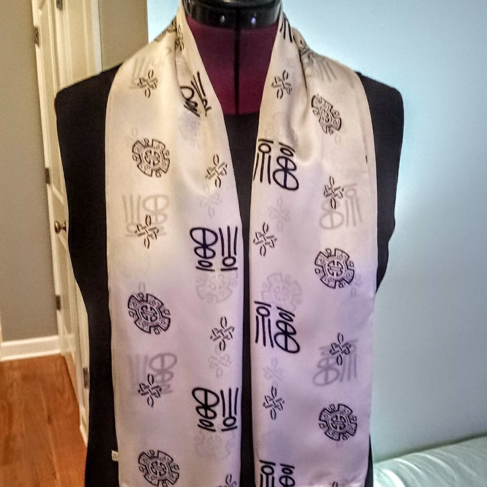 Chinese Ivory Black Silk Oblong Fringed Scarf